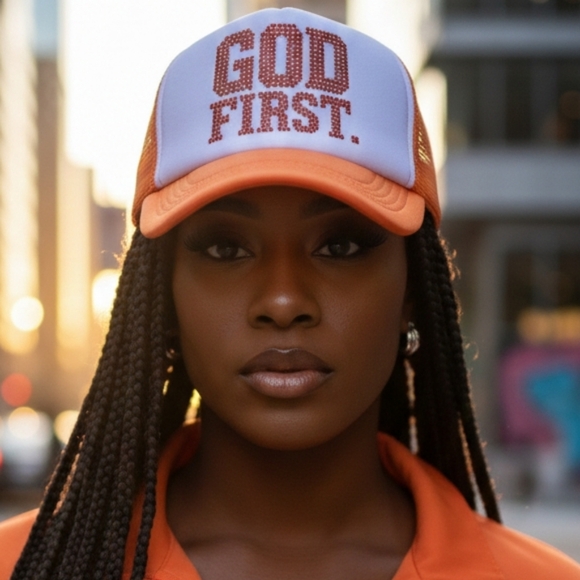 GOD FIRST. Orange and White Trucker Cap 🧢 UNISEX - Picture 5 of 7